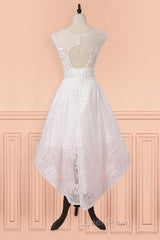 Cap Sleeves High Low White Lace Sheer Short Wedding Dresses