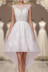 Cap Sleeves High Low White Lace Sheer Short Wedding Dresses