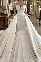 Cap sleeves White Mermaid 2 in 1 Wedding Dresses with Overskirt