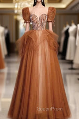 Caramel Tulle Puff Sleeve Beading Evening Prom Dresses