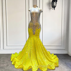 Yellow V-Neck Sleeveless Mermaid Evening Prom Dresses Featuring Beadings and Sequins