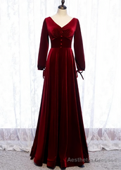 Charming Dark Red Velvet Long Sleeves A Line Party Dress, Party Prom Dress