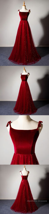 Sparkly Tulle Long Prom Dress, A Line Spaghetti Straps Burgundy Prom Evening Dress