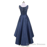 New Arrive Long Formal Prom Dress, Navy Blue Lace Beaded Wedding Party Dresses, High Low Bridesmaid Gowns Formal
