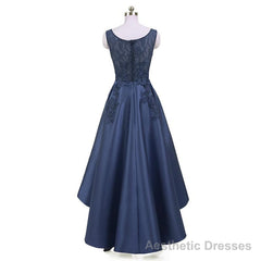 New Arrive Long Formal Prom Dress, Navy Blue Lace Beaded Wedding Party Dresses, High Low Bridesmaid Gowns Formal