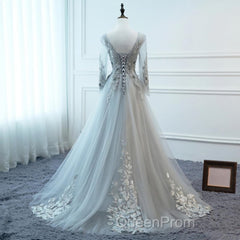 Grey Long Sleeves V Neckline Tulle Evening Prom Dresses, A Line Floor Length Party Dresses