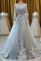 Grey Long Sleeves V Neckline Tulle Evening Prom Dresses, A Line Floor Length Party Dresses