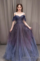 Purple Sweetheart Neck Tulle Long Prom Dress, Purple Formal Dress