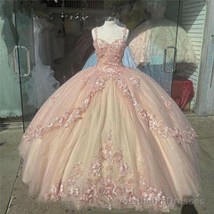 Pink Sparkly Quinceanera Prom Dresses, Lace Flower Sweet 16 Tulle Party Ball Gown