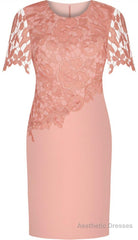 Sheath Round Neck Short Sleeves Prom Elastic Satin Short Mother Of The Bride Dress, With Lace