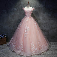 Pink Cap Sleeves Ball Gown Tulle With Lace Sweet 16 Prom Dresses, Long Quinceanera Dresses
