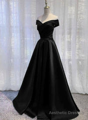 Pretty Off Shoulder Black Satin A Line Party Dress, Formal Dress, Long Black Prom Dress