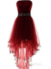 Wine Red Homecoming Dresses, Burgundy High Low Party Dresses with Beadings