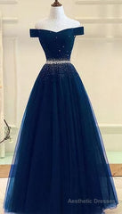 Tulle Prom Gown Off Shoulder Prom Dresses, Long Prom Dress, A Line Evening Dress