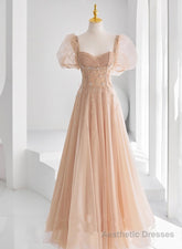 Chamapgne Beaded Short Sleeves Tulle A-line Prom Dress, Champagne Party Dress