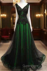 Chaming Black And Green Tulle V-Neckline Long Party Dresses, Beautiful V-Neckline Evening Prom Dresses