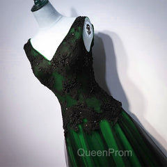 Chaming Black and Green Tulle V-neckline Long Party Dresses, V-neckline Evening Prom Dresses