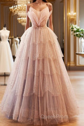 Champagne A-Line Beading Sequin Long Evening Prom Dresses, Champagne Formal Dresses