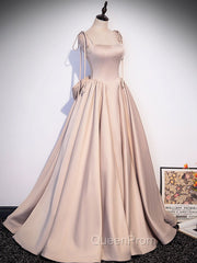 Champagne A-Line Satin Long Evening Prom Dresses, Champagne Evening Dresses