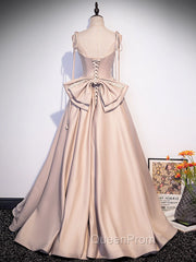 Champagne A-Line Satin Long Evening Prom Dresses, Champagne Evening Dresses
