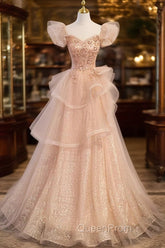 Champagne A-Line Tulle BeadedLong Evening Prom Dresses, Champagne Evening Dresses