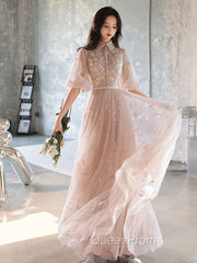 Champagne A-Line Tulle Lace Long Evening Prom Dresses, Champagne Evening Dresses