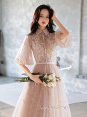 Champagne A-Line Tulle Lace Long Evening Prom Dresses, Champagne Evening Dresses