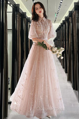 Champagne A-Line Tulle Lace Long Evening Prom Dresses, Champagne Evening Dresses