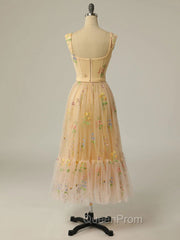 Champagne A Line Tulle Lace Tea Length Evening Prom Dresses, Champagne Evening Dresses