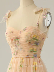 Champagne A Line Tulle Lace Tea Length Evening Prom Dresses, Champagne Evening Dresses