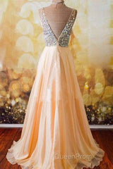 Champagne A-Line V Neck Chiffon Long Evening Prom Dresses, Formal Dresses