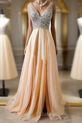 Champagne A-Line V Neck Chiffon Long Evening Prom Dresses, Formal Dresses
