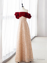 Champagne A-Line velvet Long Prom Dress, Champagne Tulle Sequin Long Formal Dress