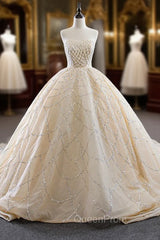 Champagne Ball Gown Sequins Beading Evening Prom Dresses