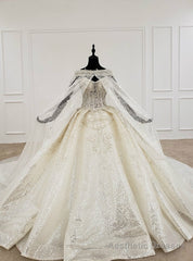 Champagne Ball Gown Sequins Sweetheart Beading Wedding Dress With Shawl