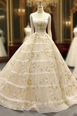 Champagne Ball Gown Straps Tulle Appliques Backless Sweet 16 Evening Prom Dresses