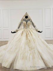 Champagne Ball Gown Tulle Appliques High Neck Long Sleeve Backless Wedding Dress