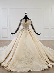 Champagne Ball Gown Tulle Backless Sequins Long Sleeve Wedding Dress