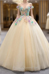 Champagne Ball Gown Tulle Colorful Appliques Evening Prom Dresses