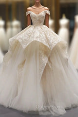Champagne Ball Gown Tulle Lace Off The Shoulder Evening Prom Dresses