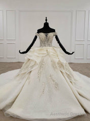 Champagne Ball Gown Tulle Off the Shoulder Appliques Beading Sequins Wedding Dress
