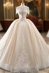 Champagne Ball Gown Tulle Sequins High Neck Backless Wedding Dresses