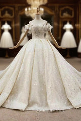 Champagne Ball Gown Tulle Sequins Off the Shoulder Beading Long Wedding Dresses
