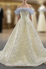 Champagne Ball Gown Tulle Sequins Off the Shoulder Evening Prom Dresses