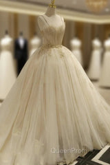 Champagne Ball Gown Tulle Spaghetti Straps Backless Wedding Dresses