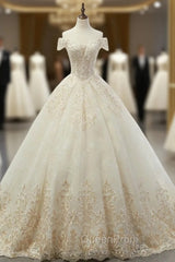Champagne BallGown Tulle Appliques Off The Shoulder Wedding Dresses
