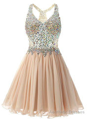 Champagne Chiffon Crystal V-neck Homecoming Dress