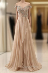 Champagne Chiffon Off The Shoulder Pleats Evening Prom Dresses With Crystal