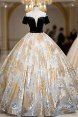 Champagne Embroidery Black Velvet Quinceanera Dresses