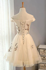 Champagne Embroidery Homecoming Dresses,Tulle Short Party Dresses